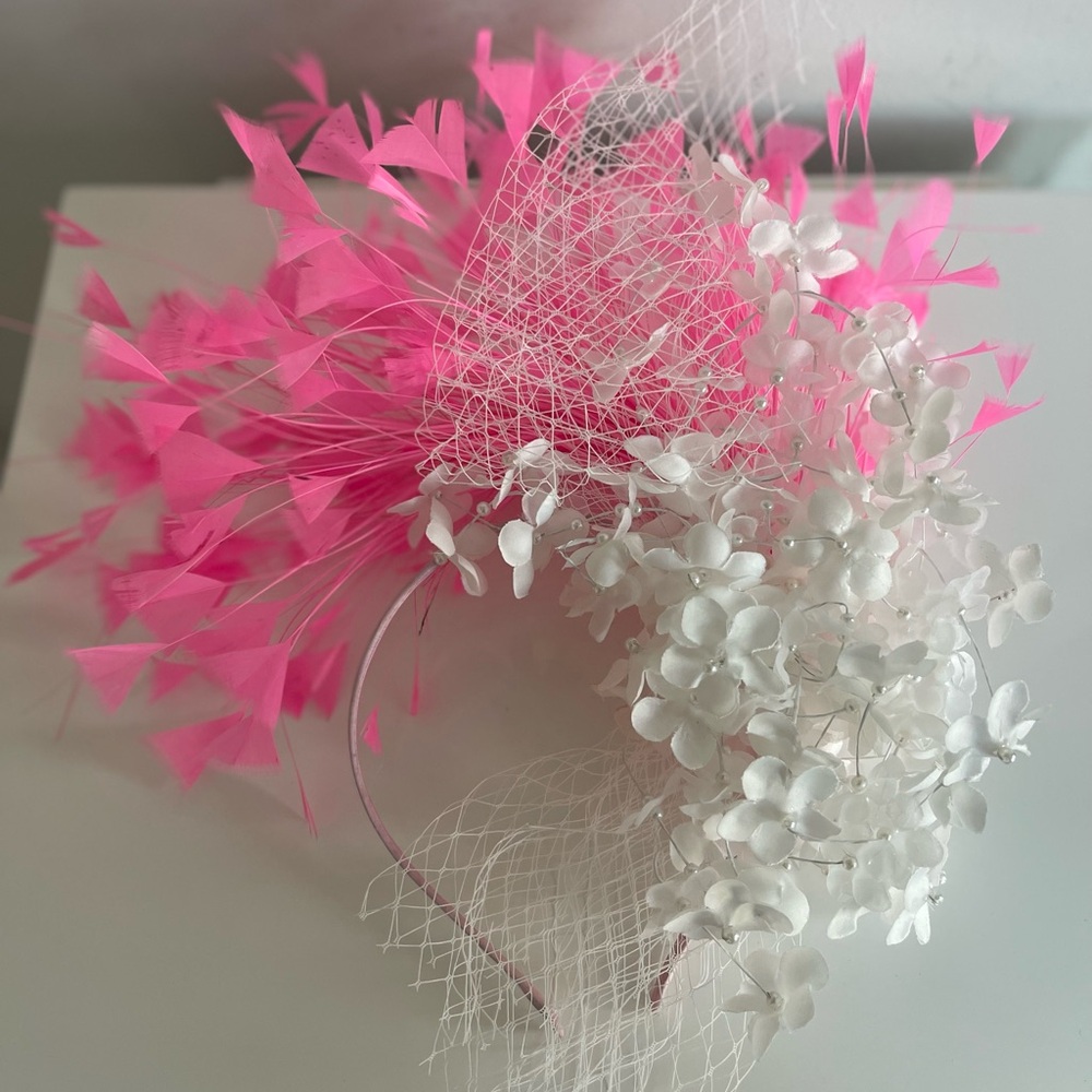 Pink and White fascinator with feathers